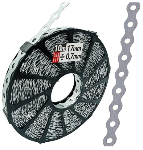 LUN FIX Bande perforée, 17x0,7mm, 10m, Acier galvanisé, connecteur mural | bande de montage perforée métallique, bande métallique, fixation pour atelier, construction en bois