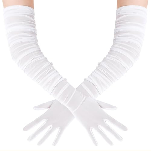BABEYOND Women's Long Opera Gloves - Soft Stretchy Mesh Tulle Elegant Wedding & Evening Gloves for Vintage, Prom, Cocktail Party，Carnivals and Christmas Celebrations White