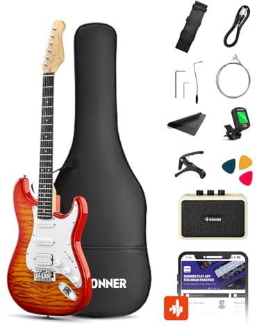 Donner DST-90 E-Gitarre Set 39 Zoll, Einsteiger E-Gitarren Komplettset mit Verstärker, HSS Tonabnehmer, Gigbag, Stimmgerät, Kapodaster, Gurt, Saiten, Kabel und Plektren, Icetea Burst