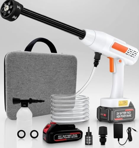 Idropulitrice Portatile a Batteria con 1 x Batterie, Ugello 6-in-1 e Collegamento al Rubinetto, Tubo da 5M, Serbatoio in Schiuma, Max. Pressione 30 BAR per la Pulizia di Auto, Giardino