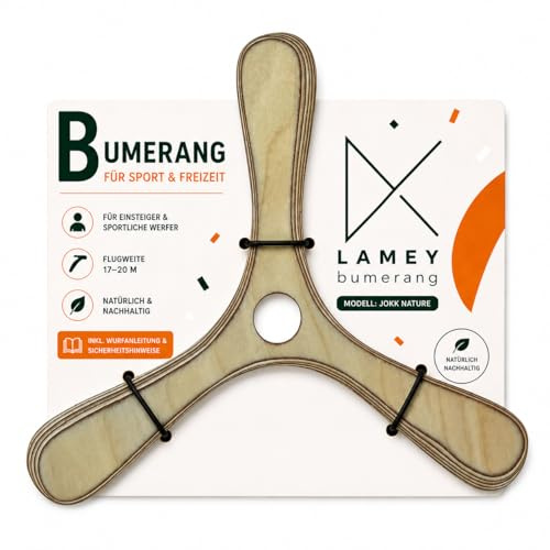 Lamey Jokk Nature Bumerang für Einsteiger und Fortgeschrittene | Handgefertigt, 8-lagiges Birkenholz, Windstabil, Modell für RechtshänderInnen ab 12 Jahren, Made in Germany