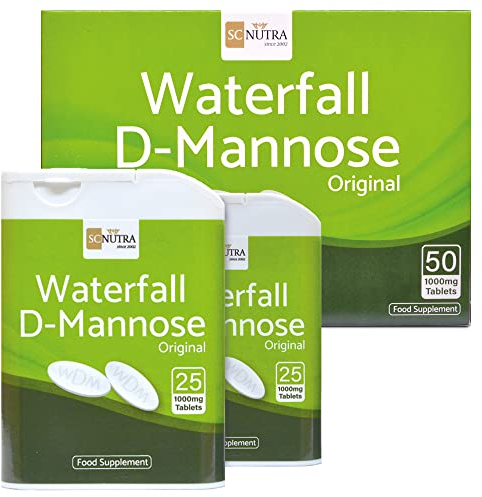 Waterfall D-Manosa Comprimidos - 1000mg - 50 Comprimidos - D-manosa de abedul - D-manosa 100% pura - SC Nutra (Sweet Cures)