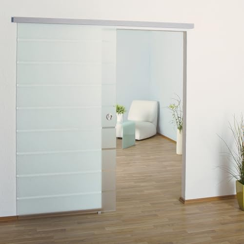 BIJON Glasschiebetür Komplettset aus 8mm ESG Glas | Glastür Schiebetür mit Muschelgriff und 15mm Wandabstand, Teilsatiniert - SO5 DIN Links - 900x2050 mm