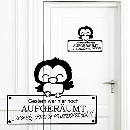 Wandtattoo Loft Türaufkleber „Gestern war hier noch aufgeräumt“ mit Eule 30 Farben zur Auswahl