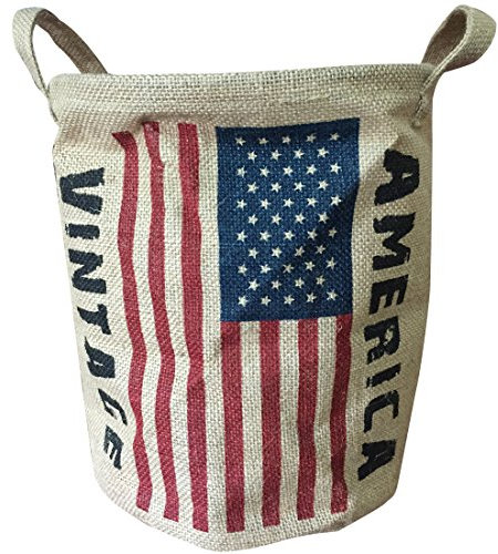 NewFeru Aufbewahrungskorb aus Jute, geflochten, faltbar, Vintage, rund, für Lebensmittel, Spielzeug, Eimer, Organizer mit Griffen, klein, Schreibtisch, 24.1 cm D x 30.5 cm H (Amerika-Flagge)