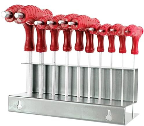 Spares2go 10 Piece T Handle Imperial SAE Hex Allen Key CR-V Screwdriver Set (Double Ended + Stand)