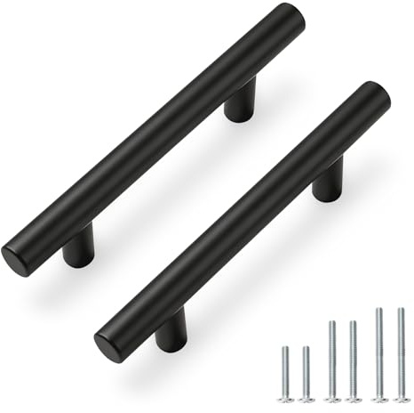 PinLin 10 Pack Kitchen Door Handles 76mm Hole Centre Flat Black Cabinet Handles Stainless Steel Cupboard T Bar Handle (Screws Included)