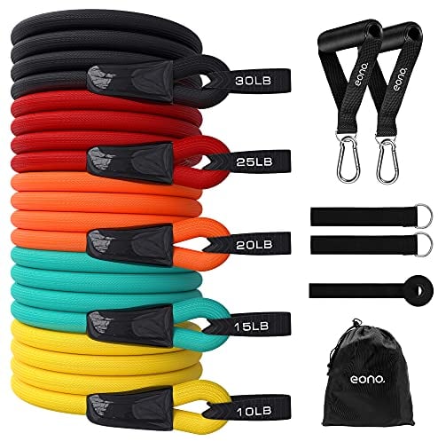 Fitnessbänder Set, 5 Trainingsbänder, Widerstandsbänder Krafttraining mit Großem Griff Knöchelriemen Türankerbefestigung Tragtasche