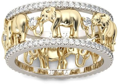 Jeulia 1.5 Karat Elefant Ring Ehering für Frauen 18 Karat vergoldet Verlobungsring Set Zweifarbige Rundschliff Zirkonia Ringe Jubiläumsversprechen Romantisches Geschenk (56(17.7), Weiß)