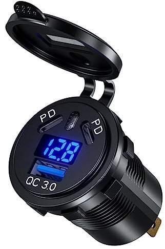 108W Doble PD 3.0 Toma Mechero 12V, Doble 45W PD Tipo C & 18W QC3.0 USB Mechero Coche, con Interruptor y Voltímetro Cargador USB Moto, para Adaptador Cargador para Coches, Motos, Motocicleta o Barco