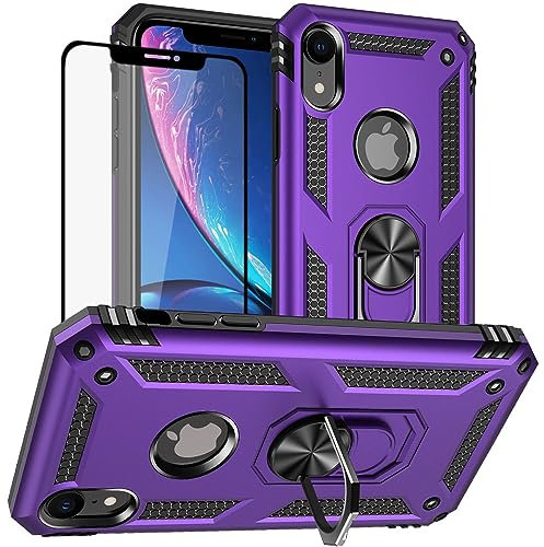 Yiakeng iPhone XR Case with Screen Protector, Silicone Shockproof Military Grade Protective Phone Cover with Ring Kickstand (Purple)