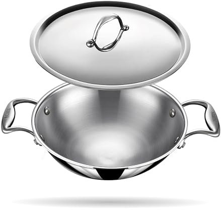 Stahl Triply Stainless Steel Kadai with Lid I Stainless Steel Cookware Tri Ply Deep Kadhai I Deep Frying Pan with Round Bottom I Artisan 4754, Dia 24 cm, 2.6 L (Serves 4 People)