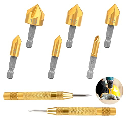 Brocas Avellanadoras 90°HSS Juego de 6 Pcs Avellanador para Metal Madera, de 6mm/8mm/9mm/12mm/16mm/19mm, Brocas de Vástago Hexagonal 5 Flauta con 2 Pcs Punzón de Centro Automático