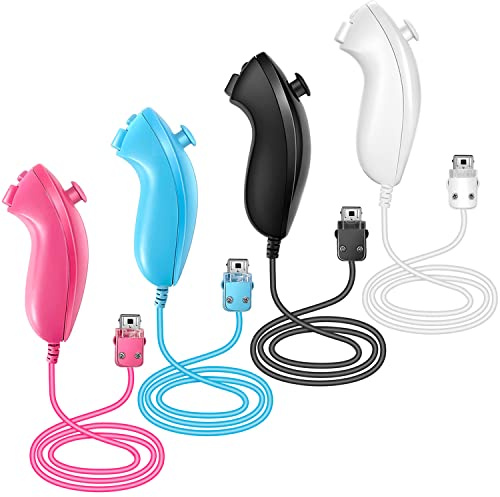 NC Nunchuck Lot de 4 manettes de jeu de rechange pour manette Wii Nunchuck, compatibles avec Nintendo Wii et Wii U (blanc, noir, bleu, rose)