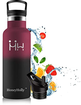 HoneyHolly Vakuum Isolierte Edelstahl Trinkflasche 500ML, BPA Frei Auslaufsicher Thermosflasche,Thermoskanne kohlensäure geeignet für Kinder, Kleiner, Schule, Sport, Fahrrad, Weinrot&Schwarz-c