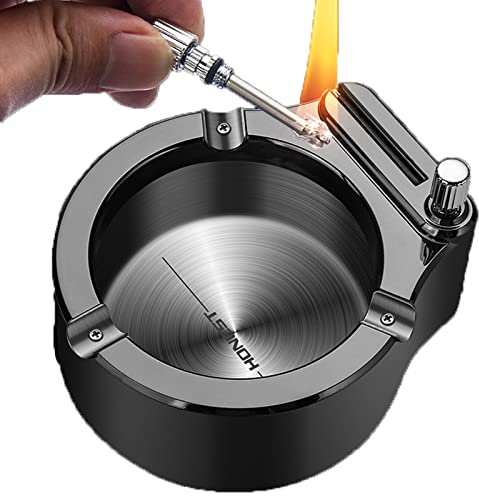 Draussen Aschenbecher mit Feuerzeug Rostfreier Stahl Ascheschale Winddicht Ascher Klein Zum Außen Terrasse Heim Büro Tischplatte Auto Aschenbecher,Black,11 * 9.9 * 4.7in