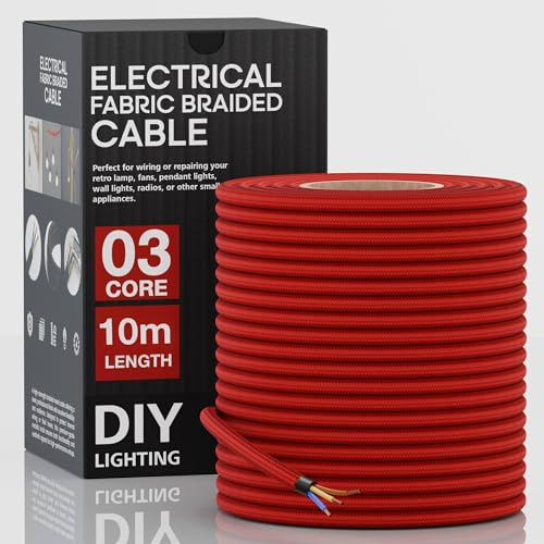 LEDSone 10 Meter 3 Core Electrical Round Wire Industrial Pendant Light Wires Flexible Round Electrical Cord Fabric Covered Lamp Wire for Earthed Pendant Lights with Durable & Stylish (Red)