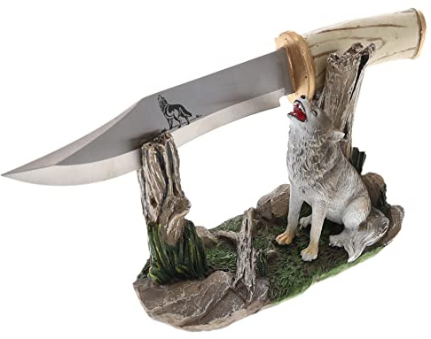 Deleon Collections Decorative White Wolf Knife - Majestic Howing Wolf Display Stand - Rustic Lodge Decor