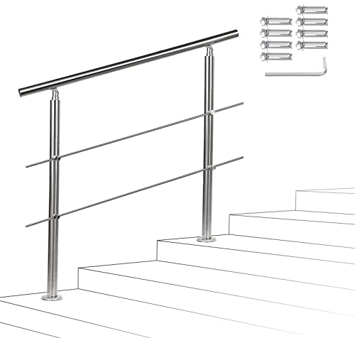 Yakimz Rampe d'escalier en acier inoxydable 150 cm avec 2 traverses, main courante d'angle réglable, balustrade, extérieur et intérieur pour escaliers, jardin