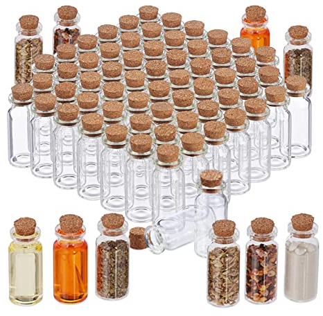 Relaxdays Mini-Bouteilles avec Bouchon de liège, Lot de 72, Petite Bouteille en Verre, 10 ML, Flacon déco, Transparent