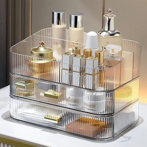 Transparenter Make-up-Organizer für Schminktisch, großer Schreibtisch-Organizer mit stapelbaren Schubladen für Kosmetik, Hautpflege, Lippenstifte, Lidschatten-Palette, Nagelpflege, ideale Aufbewahrung