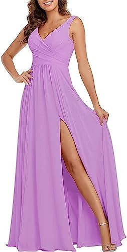 KURFACE Vestido de dama de honor de boda para mujer, con hombros descubiertos, acampanado, con abertura, vestido de fiesta formal, Lila, 38