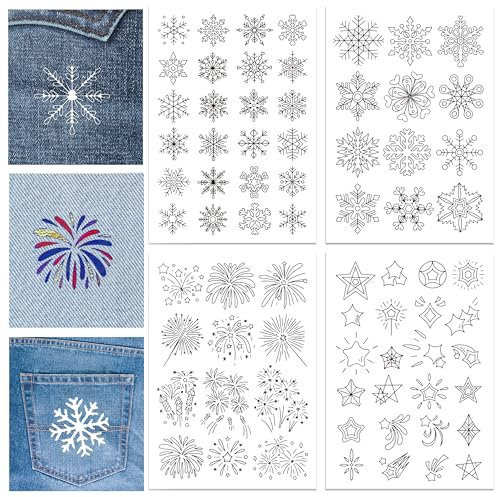 GLOBLELAND 4 Blatt Wasserlöslicher Stabilisator Mit Schneeflocken Und Feuerwerk Handnähstabilisatoren Mit Vorgedrucktem Stick and Stitch Selbstklebender Abwaschbarer Stabilisator Für Taschen