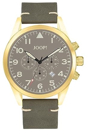 Joop! Armbanduhr Herren Chronograph analog, mit Leder Armband, Gold, 10 bar wasserfest, Kommt in Uhren Geschenk Box, 2036615