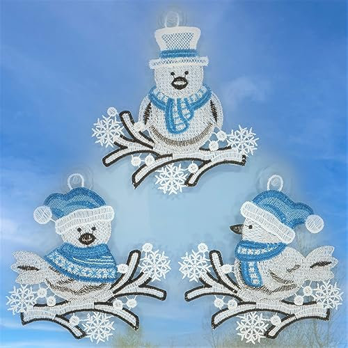 Plauener Spitze Fensterbilder Winter 3er Set Eisvögel Fensterdekoration 13 cm Weihnachten Baumbehang Baumschmuck Türkis Silber 3 Saugnäpfe