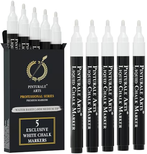 Pinturale Arts Rotuladores Tiza Liquida Blancos | Set 5 Rotuladores Cristal Borrable | Punta 2mm | Para Ventanas, Pizarra, Borrado Fácil En Seco