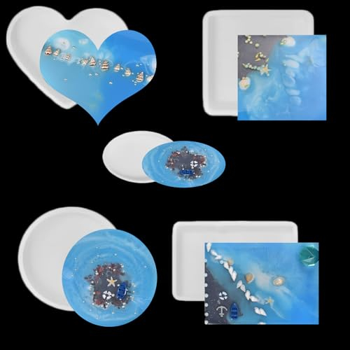 5 Stück Silikonform Tablett Untersetzer Silikonform Schale Set, Rund Oval Herzförmig Epoxid Formen, Silikonformen Gießformen für DIY Teetablett Obsttablett Kunsthandwerk Heimdekoration