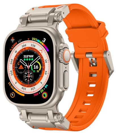 Sports Band for Apple Watch Ultra 2/Ultra bracelets 49mm 45mm 44mm 42mm for men, Durable Silicone Band with Metal Connector IWatch Ultra 9 8 7 6 5 4 3 SE(Titanium Adapter-Orange)
