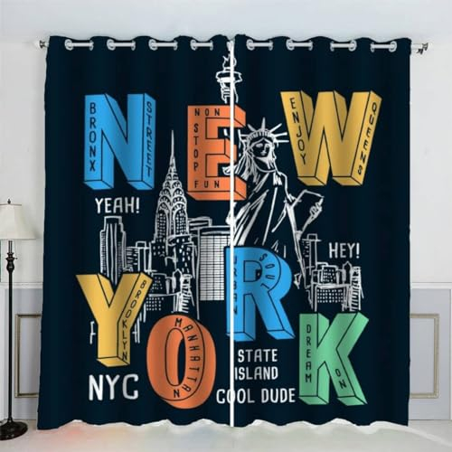 MEVASA New York Gardinen Jugendzimmer Jungen Mädchen 3D Vorhänge Stadt Verdunklungsvorhänge Kunst Chic Wohnzimmer Modern Home Dekoration 220 x 215 BxH