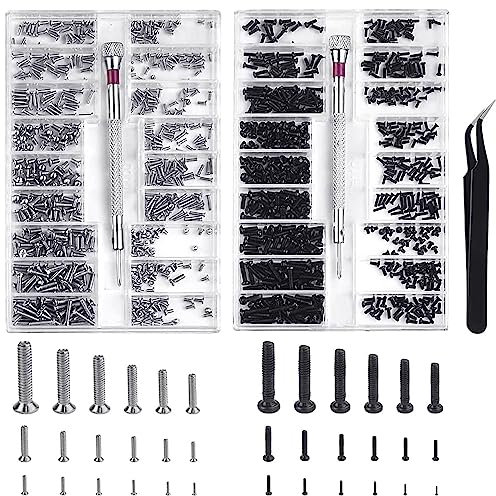 Zepitniy 1000 Pièces Micro Vis de Réparation Vis Lunettes Mini Vis M1.2 M1.4 M2 Micro Visserie avec Tournevis et Pince pour Lunettes Ordinateur Montre (Noir+Argent)