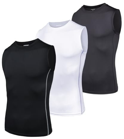 AMZSPORT Herren Kompressions-Tanktop Ärmellos Funktionsshirts Baselayer Unterhemd Schwarz Weiß Grau(3er Pack) XL