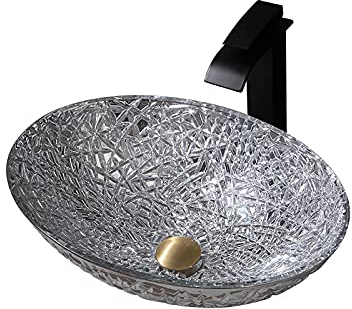 HPTHLY Badezimmer-Waschbecken aus gehärtetem Glas, ovales Aufsatzwaschbecken, Aufsatzwaschbecken, Kunstwaschbecken mit Wasserfall-Wasserhahn