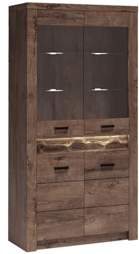 Lomadox Vitrinenschrank Vitrine Highboard Sideboard Kommode Aufbewahrungsschrank Wohnzimmer Schrank modern in braun mit LED Beleuchtung