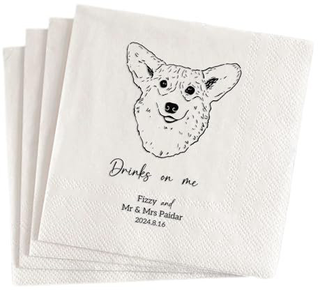 TESFANS Personalisierte Hochzeitsservietten mit personalisierten Porträts und Daten, personalisierte Haustier-Cocktail-Servietten für Verlobungsparty, Brautpartys und Hundehochzeiten