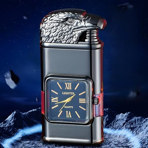 Briquet Coupe-Vent avec Lunette de Montre Vintage, Bordure Noire, Torche à Flamme à Jet, Briquet Ancien pour L'extérieur, Le Camping, Les Cadeaux pour Hommes (Aigle Noir)