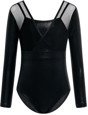 Gogokids Girls' Long Sleeve Gymnastics Leotard with V-Neck and Cross Straps Design - Kids Gymnastics outfit with Mesh Panels Glitter Ballet Unitard Perfect for Gym and Athletics, Ages 6-7 Girls