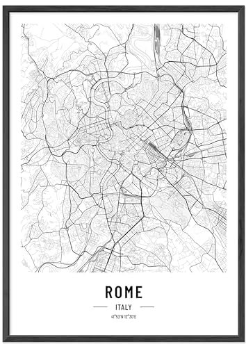 JUNOMI® Rom Poster DIN A4 mit Rahmen Schwarz, DIN A4 Wohnzimmer Deko, Modernes Wandbild, Rom Bild, Wandbild mit Rahmen, Stadtplan Poster Rom, perfekte Geschenkidee