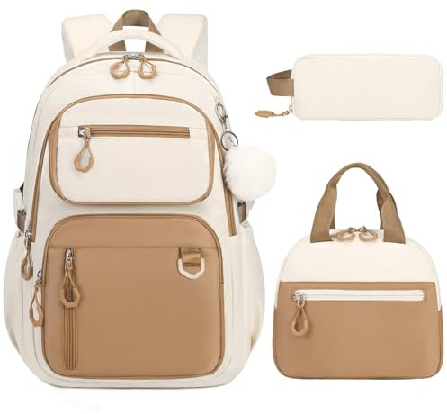 Bevalsa Schulrucksack Mädchen Teenager Schulranzen mit Lunchbag und Federmäppchen, Freizeit Rucksack Groß Wasserdicht School Bag Backpack Casual Daypacks für Kinder Damen (Khaki)