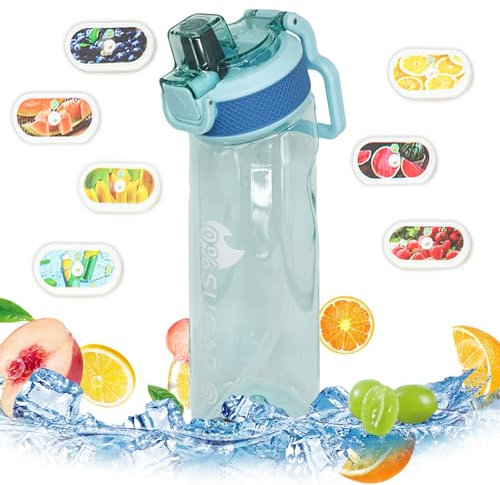 Fychuo Water Bottle, 700ml BPA Free Drinking Bottles with 7 Random Flavour Pods Scented 0 Sugar Calorie, Water Cup with Straw for Gym School Outdoor, Blue