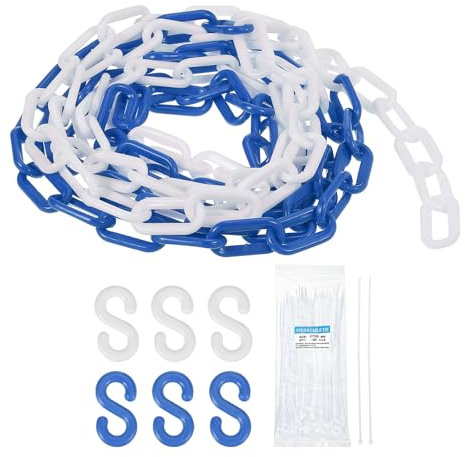 sourcing map Kunststoffkette, 9,2 m, Sicherheitskette, blau-weiß, Kunststoff-Kettenglied-Barriere mit Kabelbindern und S-Haken für Menschenmengenkontrolle, Warteschlangenschnur, Zaundekoration