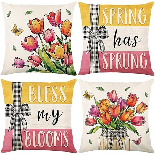 Kissenbezug 40X40 Tulpen Dekokissen Sofakissen Leinen Zierkissenbezug Mit Unsichtbarer Reißverschluss,Waschbare Langlebig Outdoor Kissen,Deko Kissenhüllen Wohnzimmer