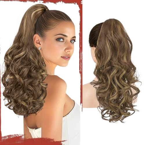 Sofeiyan Pferdeschwanz Haarteil mit Klammer, Lange Wellig Lockig Zopf Extension Claw Clip in Ponytail Extension Synthetik Haarverlängerung für Damen, 43 cm Braun & Blond
