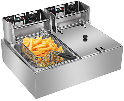 Commercial Deep Fryer,12.7QT/12L Countertop Stainless Steel Electric Fryer Dual Tank with Basket & Lids,Adjustable Temperature Control,Kitchen Fat Fryer for Chips,French Fries,Donuts and More,2500W