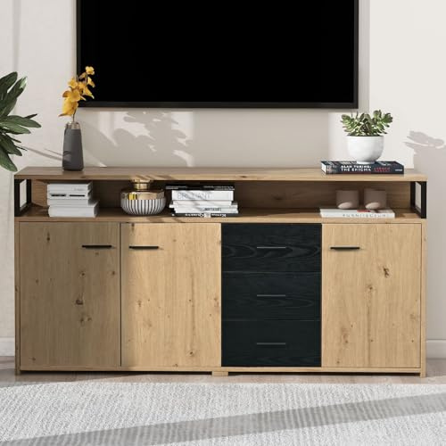 PUGSDRLY Meubles de Rangement pour Salon,Buffet Salle a Manger avec 3 Portes et 3 Tiroirs,Buffet Cuisine Meuble,Armoire pour Cuisine Salon Chambre,Couleur Bois Naturel,150×35×75.9cm (B)