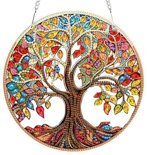 RICUVED Baum des Lebens Diamond Painting Anhänger Set,Baum Diamond Painting Fensterbilder Beidseitig Hängende Ornament Kits Erwachsene Special Shaped Diamond Art Anhänger Windspiel Kranz