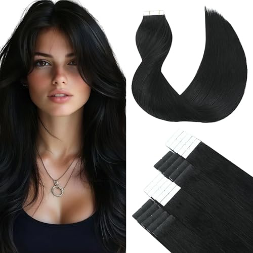 SURNEL Tape in Extensions Echthaar 22 Zoll Schwarz Weich Remy Tape in Echthaar 50g/20pcs(#1-55cm)